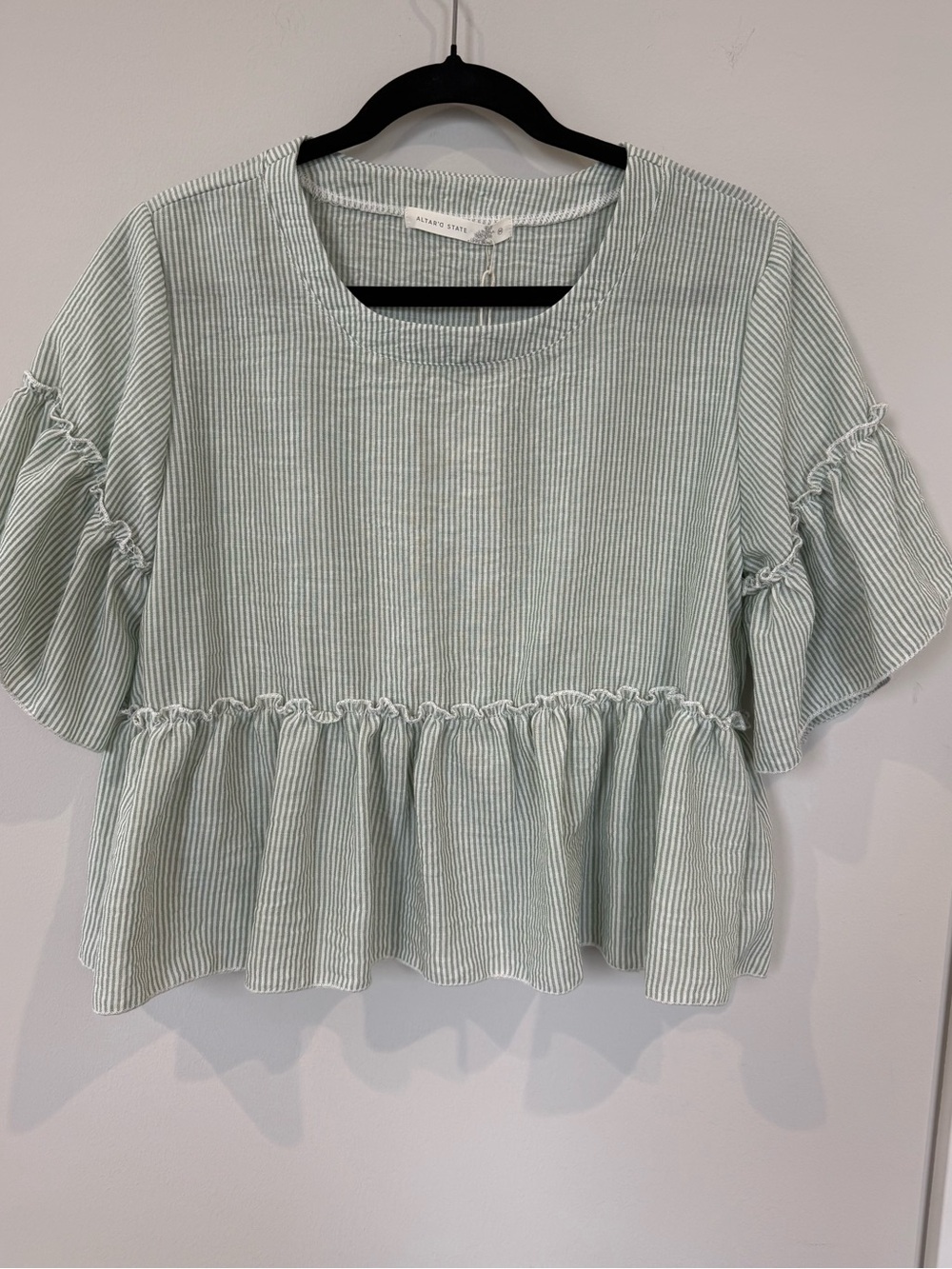 Altar'd State Mint Green Striped Ruffle Peplum Top